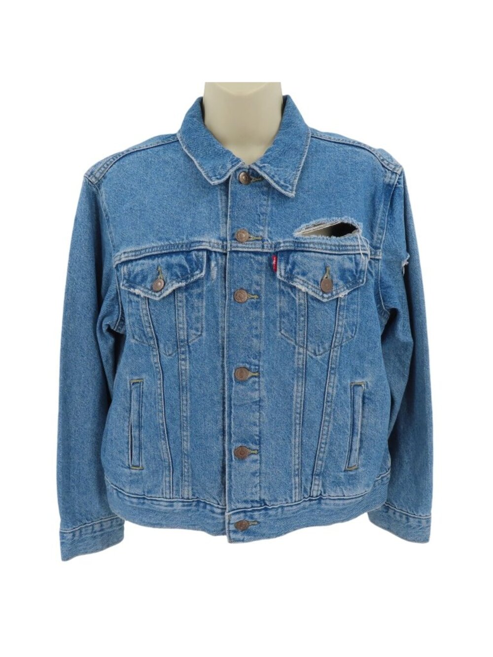 NEW Levis Women Medium Ex Boyfriend Trucker Jacket Blue Denim Jean Distressed